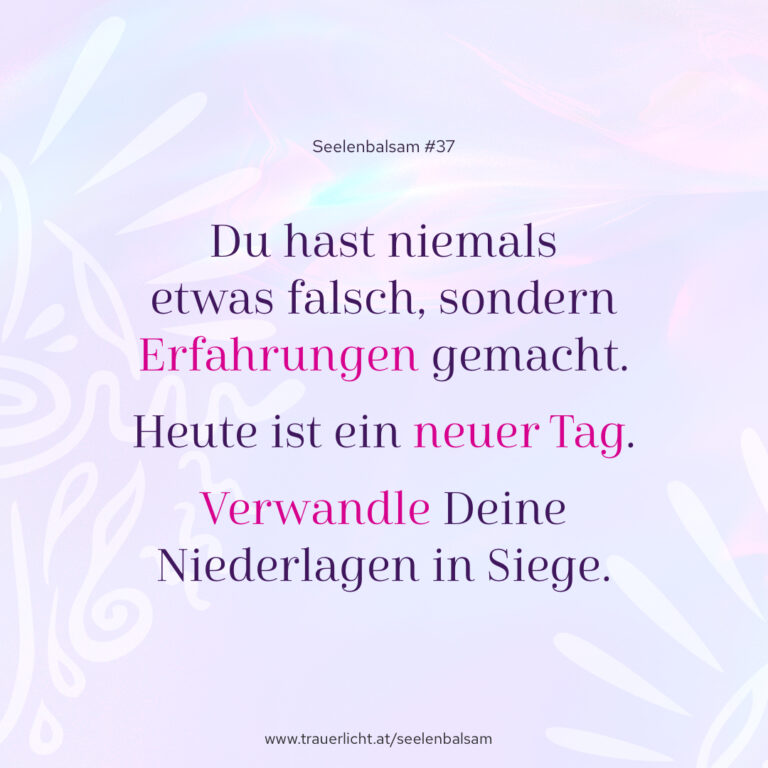 Du hast niemals etwas falsch, sondern Erfahrungen gemacht. Heute ist ein neuer Tag. Verwandle Deine Niederlagen in Siege.
