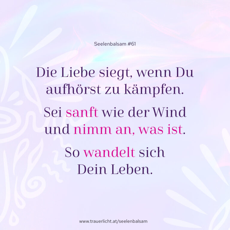 Die Liebe siegt, wenn Du aufhörst zu kämpfen. Sei sanft wie der Wind und nimm an, was ist. So wandelt sich Dein Leben.