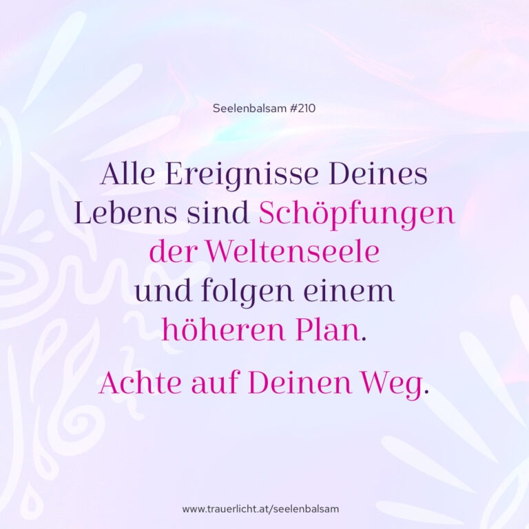 Alle Ereignisse Deines Lebens sind Schöpfungen der Weltenseele und folgen einem höheren Plan. Achte auf Deinen Weg.
